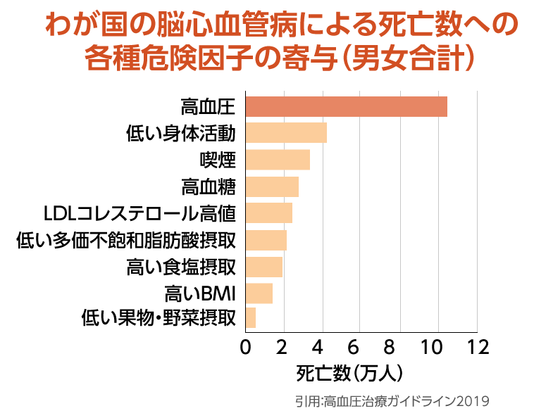 我が国の脳心血管病による死亡数へお各種危険因子の寄与（男女合計）引用：高血圧治療ガイドライン2019